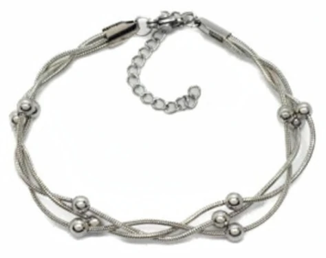 Pulsera de acero quirurgico eslabon triple cola de raton con bolitas 18cm + 5cm